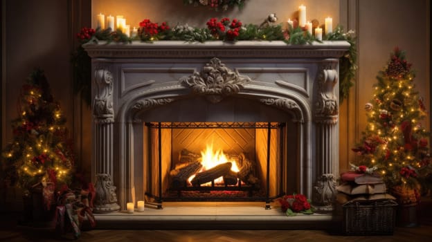 holiday fireplace with christmas tree xmas presents gift, ai