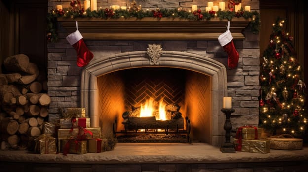holiday fireplace with christmas tree xmas presents gift, ai