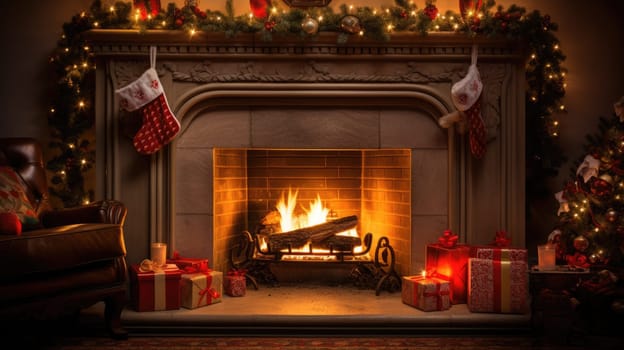 holiday fireplace with christmas tree xmas presents gift, ai