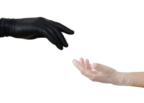 Two hands in sterile gloves stretch to each other. Hands in black nitrile and transparent vinyl glove. Skin protection during epidemics and quarantine.there is a place for text. High quality photo