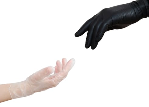 Two hands in sterile gloves stretch to each other. Hands in black nitrile and transparent vinyl glove. Skin protection during epidemics and quarantine.there is a place for text. High quality photo