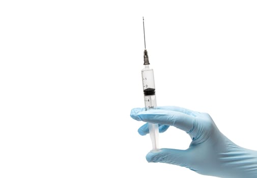the hand of a nurse in nitrile blue gloves holds a syringe with a medicine. selective focus. isolated on white background