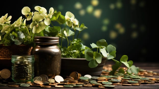 St.Patrick 's Day. Barrel with coins and clover and a pile of gold coins .