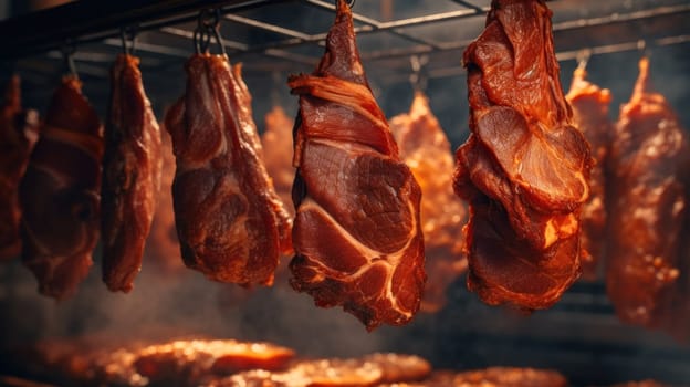 Large chunks of juicy smoked meat hang in rows in the smokehouse