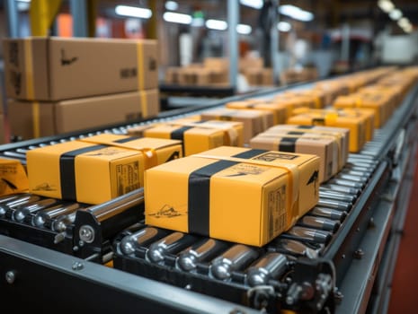 cardboard boxes moving smoothly along a conveyor belt in a warehouse fulfillment center. e-commerce, delivery, automation and logistics concept.