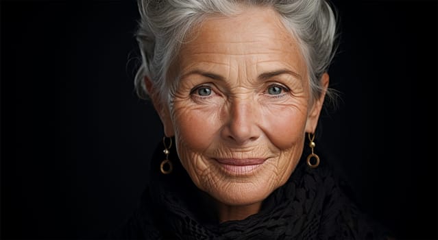 close-up portrait of a gray-haired beautiful and confident elderly woman with deep wrinkles in black on a black background. free space for text