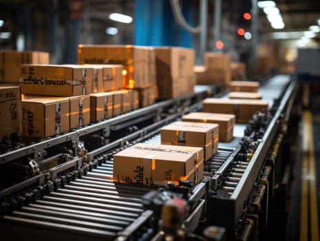 cardboard boxes moving smoothly along a conveyor belt in a warehouse fulfillment center. e-commerce, delivery, automation and logistics concept.