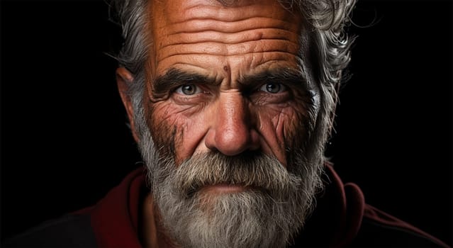 close-up portrait of a gray-haired bearded elderly man with deep wrinkles on a black background. free space for text