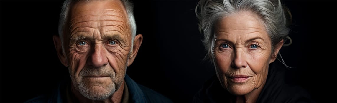 close-up portrait of a gray bearded man and a gray-haired woman with deep wrinkles on a black background. banner, free space for text.