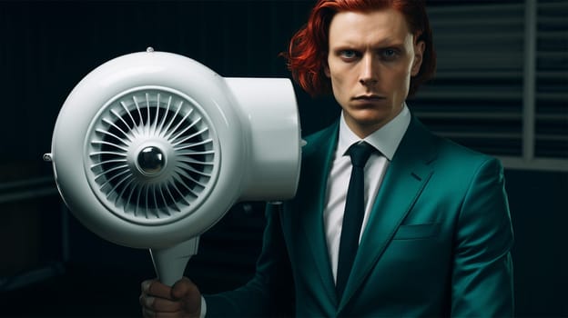 red-haired serious man in a green suit and tie with a huge rare white hairdryer in his hands against the backdrop of a dark green interior.