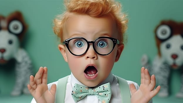 portrait of a surprised red-haired boy in glasses, in a light shirt and vest with a bow tie around his neck, raised his hands on a green pastel background, emotions