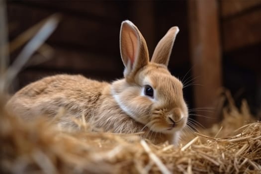rabbit in a wooden cage with fresh hay.breeding rabbits on a farm