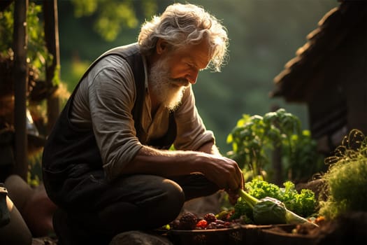 an elderly gray-haired man of 70-80 years old is engaged in gardening, harvesting in his beds.