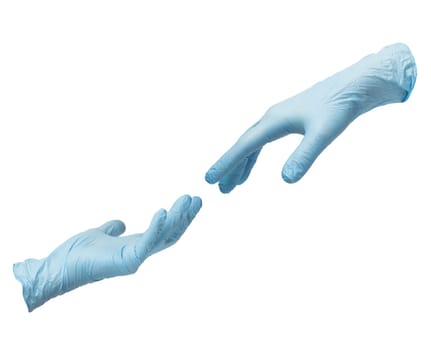 Two hands in sterile blue nitrile gloves reach out to each other. Skin protection during epidemics and quarantine. There is a place for text