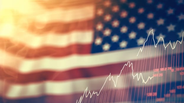 Abstract hologram of virtual financial chart on USA flag, financial, economic and investment concept. Multiple exposure