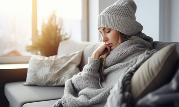 a young woman wearing a hat and blanket is trying to keep warm on the sofa in the apartment. Concept of heating and cost of housing services.