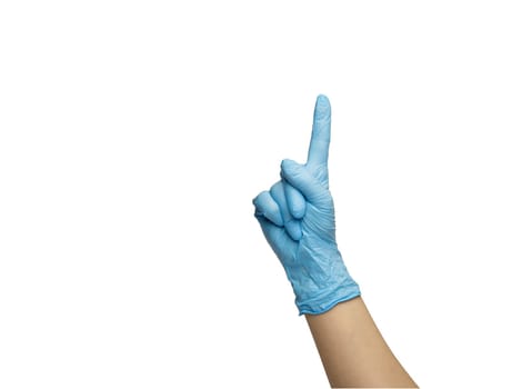 hand in blue glove shows gesture with fingers. isolated on a white background.
