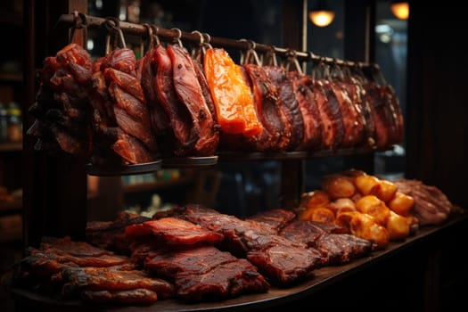 Large pieces of juicy smoked meat of different varieties hang and lie on the counter of a farmers market