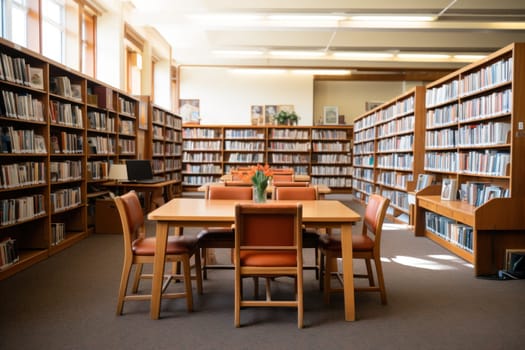 Empty college library with tables and chairs and many books on the bookshelves. Modern, bright and spacious building.