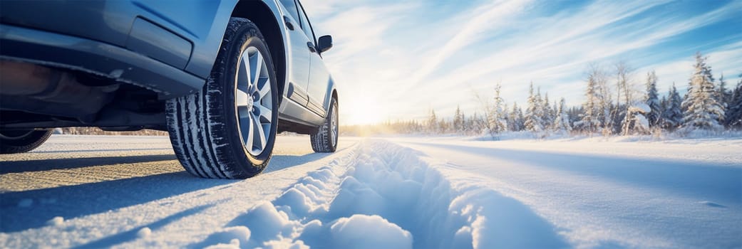 Side view of an blue car with a winter tires on a snowy road winter day.