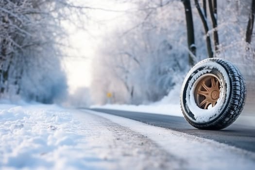 A car wheel with winter tires in a snowdrift against the backdrop of a snow-covered road and forest. Free space for text.