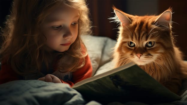 little girl in a red sweater reading a book with her curious cat on the sofa.