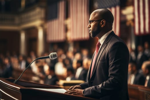 African American politician at a microphone giving a speech at a conference or meeting.