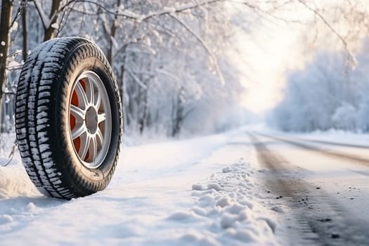 A car wheel with winter tires in a snowdrift against the backdrop of a snow-covered road and forest. Free space for text.