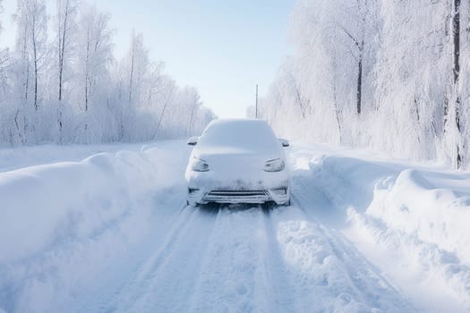 a snow-covered car covered with snow stands on the road after a snowfall.snow-covered roads