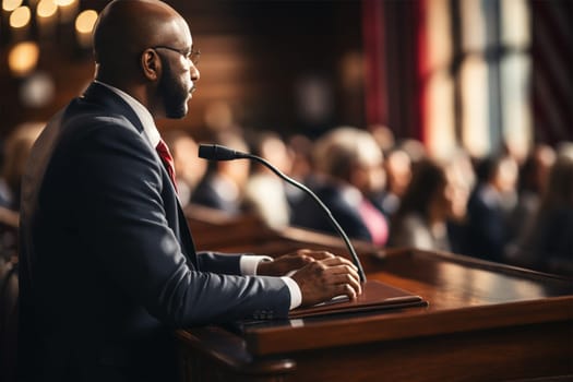African American politician at a microphone giving a speech at a conference or meeting.