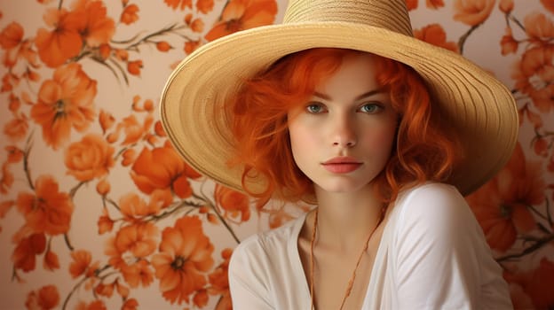portrait of a young beautiful red-haired woman in a straw hat against the background of wallpaper with flowers