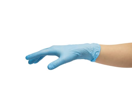 hand in blue nitrill glove, isolated against a white background. High quality photo