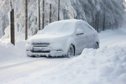 a snow-covered car covered with snow stands on the road after a snowfall.snow-covered roads