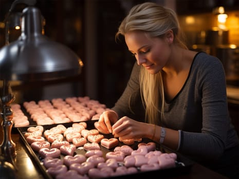 young female baker decorating gingerbread cookies in the shape of hearts with Valentine's Day frosting.