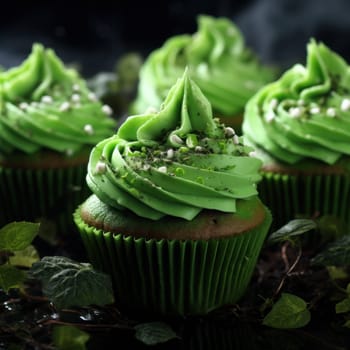 Close-up Delicious mouth-watering chocolate cupcakes with green cream and sprinkles.