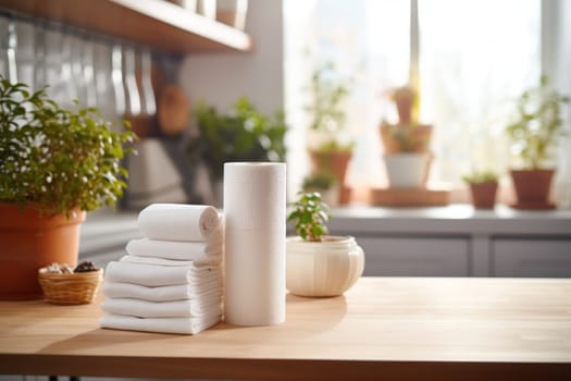 Rolled paper towels lie on the table in the kitchen against the background of the window