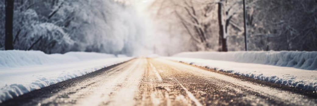 Road in the snow between snow-covered parts of the forest. banner, free space for text