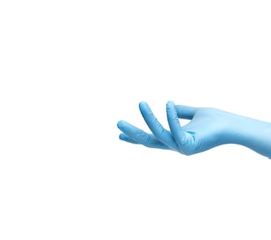 graceful palm gesture in a blue glove of nitrile. isolated on a white background. High quality photo