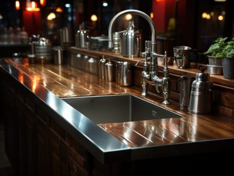 Modern faucet and industrial sink in a trendy professional kitchen.