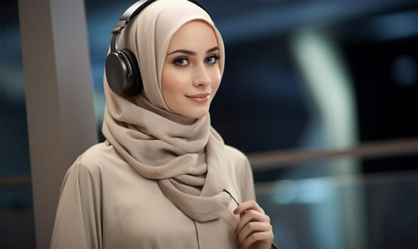 a young woman in a hijab and headphones is a call center support operator. Telephone support and assistance concept, telephone assistant