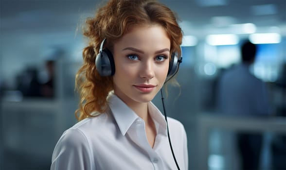 a young woman in headphones is a call center operator. Telephone support and assistance concept, telephone assistant
