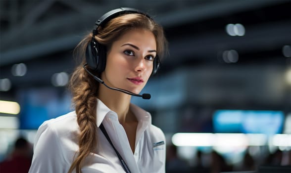 a young woman in headphones and a white shirt is a call center operator. Telephone support and assistance concept, telephone assistant