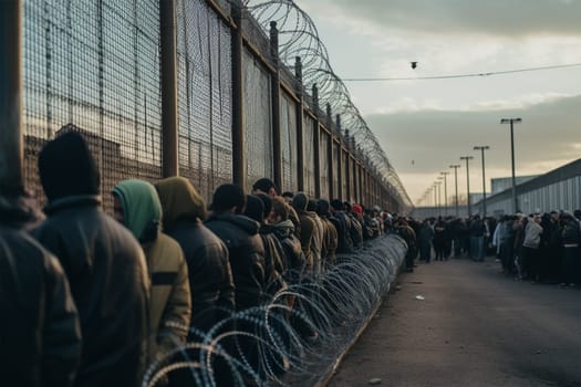 a large crowd of people stands under a wall with barbed wire to cross the border. border wall with migrants and displaced people under the wall.