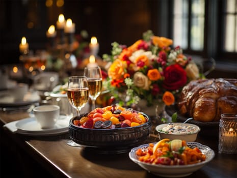 flowers and Thanksgiving treats on a table by the window overlooking the garden on a sunny day