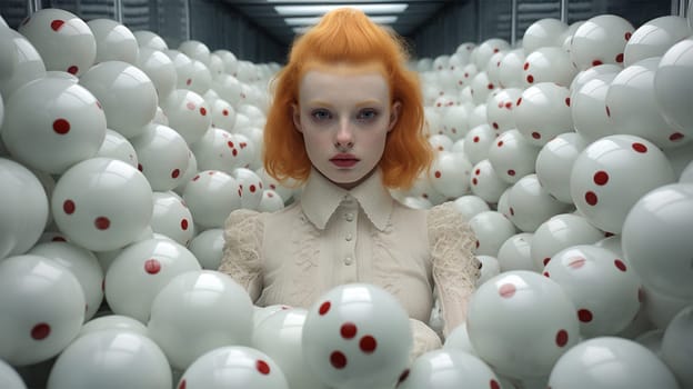everything is a realistic plot. portrait of a red-haired girl in a light dress among white balls with red dots.