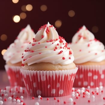 Close-up Delicious appetizing cupcakes with vanilla cream and red sprinkles.