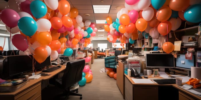 Open Space Office decorated with balloons.Business premises decorated with balloons and decorative ribbons for the New Year's Eve. Festive atmosphere in the office for Christmas.