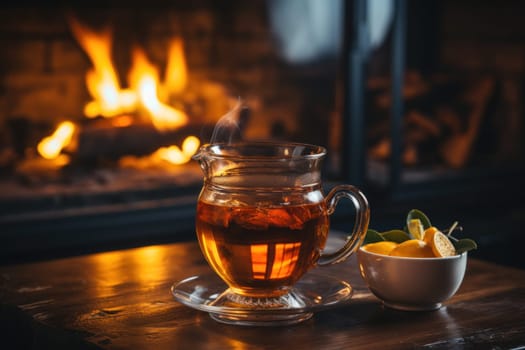 a cup of tea with lemon on a wooden table against the backdrop of a burning fireplace. The concept of home coziness and comfort.
