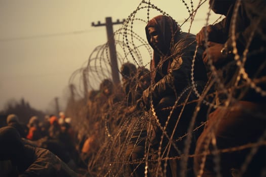 a large crowd of people stands under a wall with barbed wire to cross the border. border wall with migrants and displaced people under the wall.