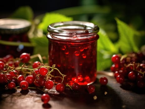 jar with red currant jam surrounded by fresh red currant with leaves.
